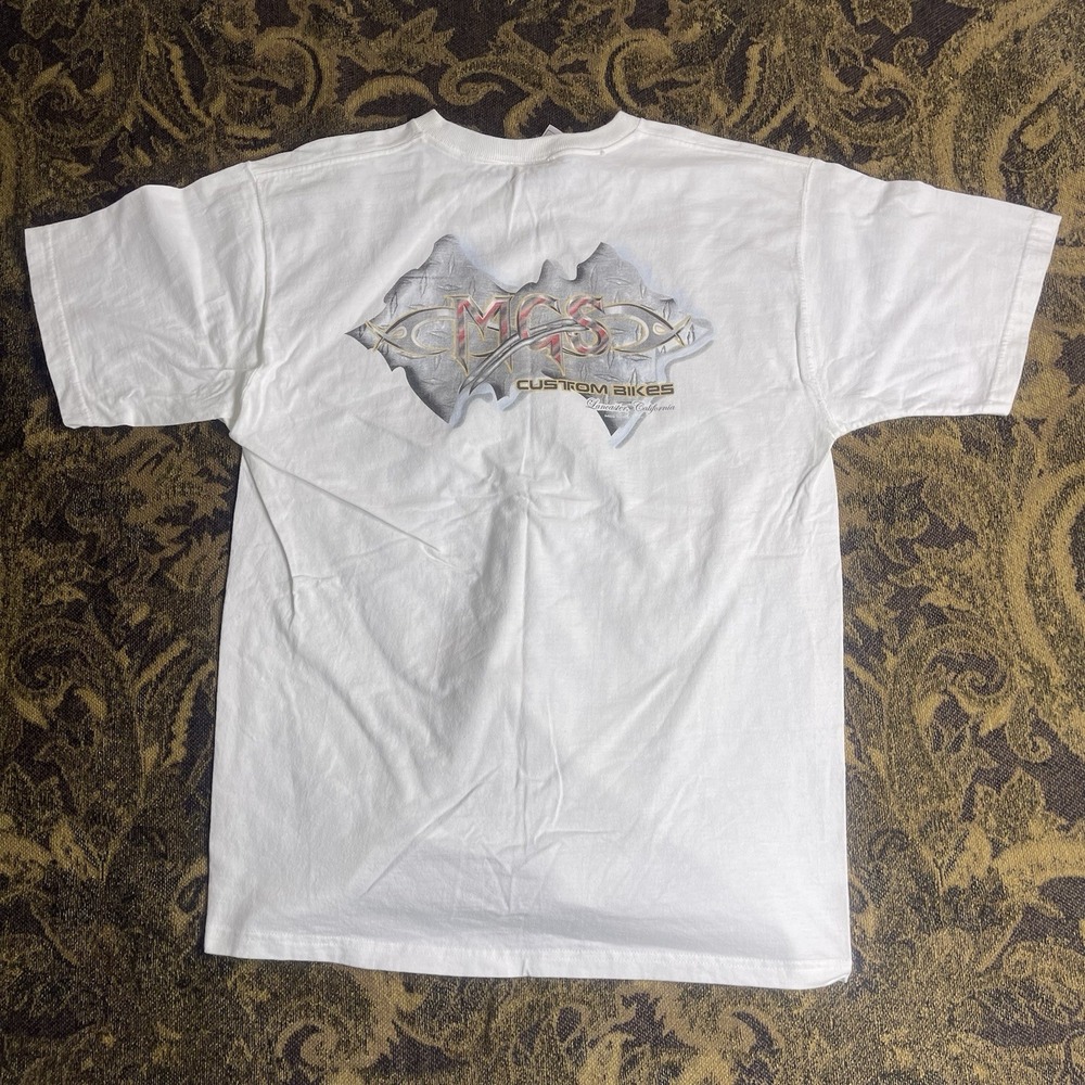 Vtg 90s MGS Custom Bikes Motorcycles Lancaster Ca White Shirt Mens Size L